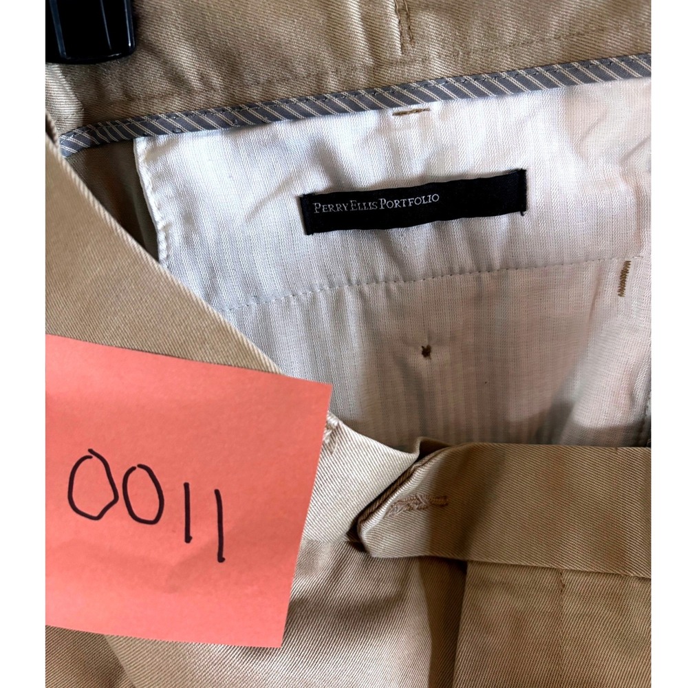 Perry Ellis Portfolio Mens Khaki Tan Flat Front Cotton Dress Pants 36x32 - Picture 3 of 4